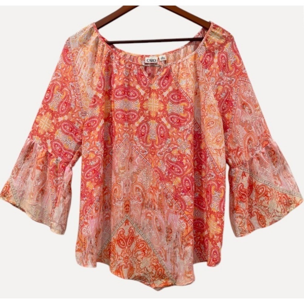 Cato Coral Paisley Boho Blouse Sz XL Keyhole Neck Flowy Artsy Resort Eclectic